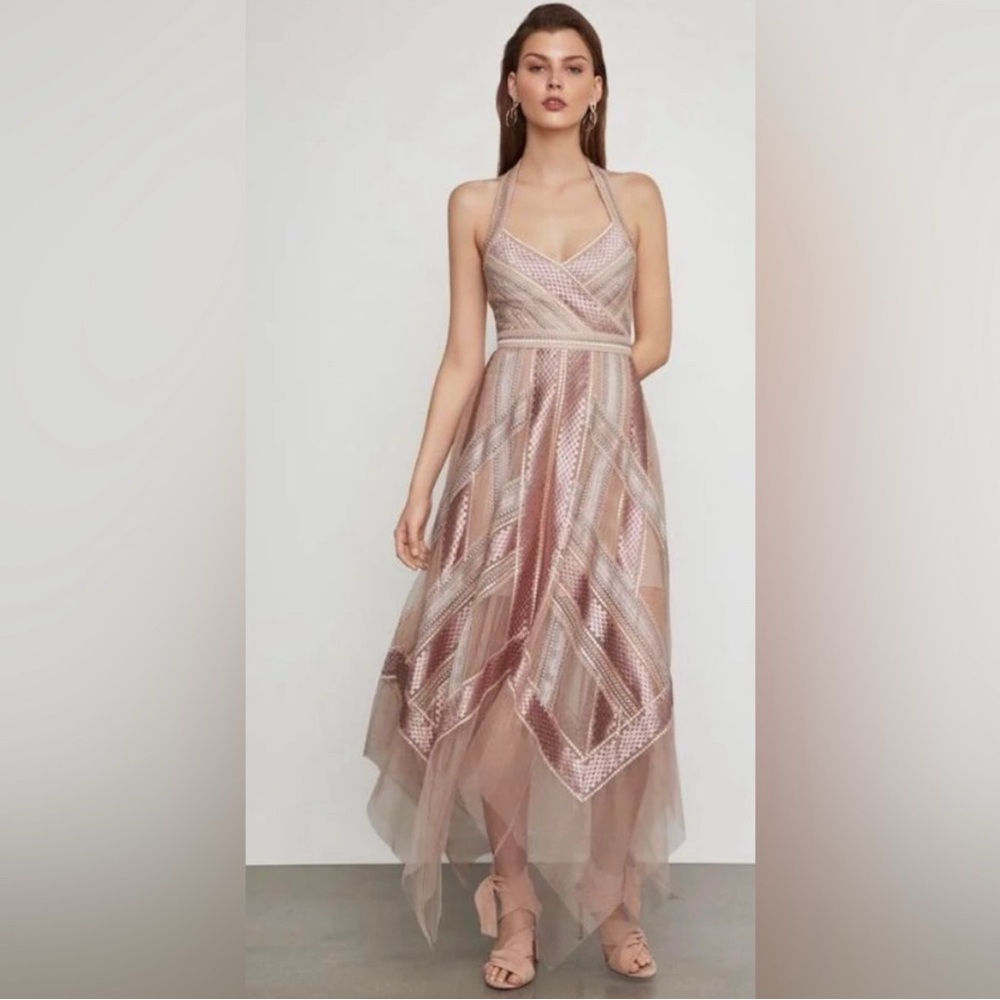 BCBGMaxAzria Eve Handkerchief Dress in Nude Blush, Silver & Rose Gold